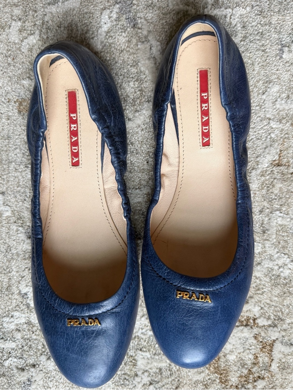 Prada Navy Leather Ballet Flats with Gold Logo